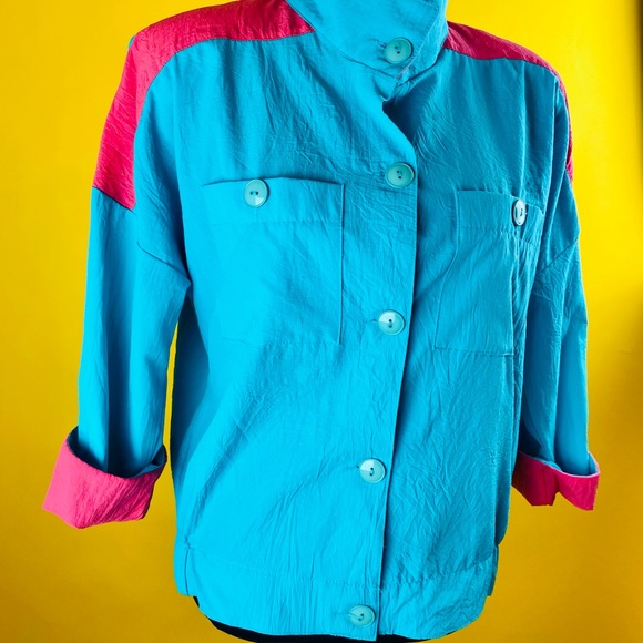 Vtg  80’S Petite Trends Teal & Pink Half- Sleeve Button Up Top Sz PL - Picture 4 of 6